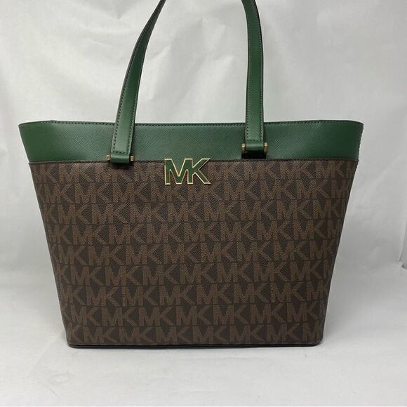 Michael KORS Monogram Florence Tote Bag Green and Brown - Picture 1 of 4